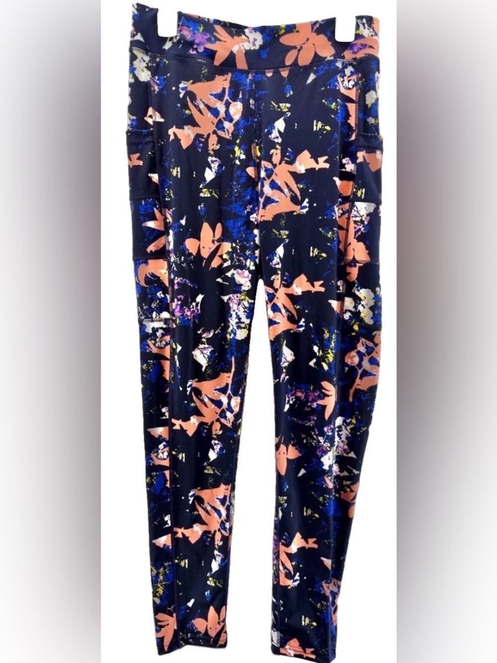 POP Fit Navy Floral Print High Waisted Leggings with Peach Accents Size XL